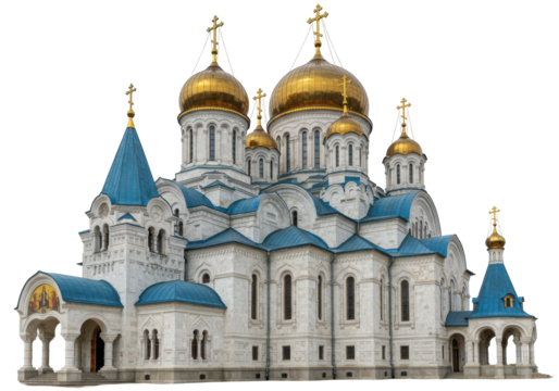 Isolated Eastern Orthodox church exterior with golden domes and blue roofs architectural detail