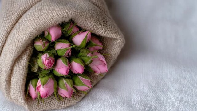 Pink rosebuds are bundled inside a burlap sack resting on a textured white linen surface