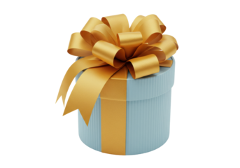 Isolated blue gift box decorated with a shiny gold ribbon and a festive gold bow decoration