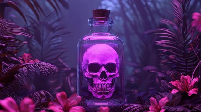 Purple skull inside a clear glass bottle with a cork stopper surrounded by foliage