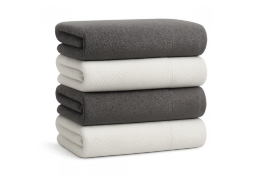 Stacked soft fleece blankets in alternating gray and white colors, folded, providing comfort and warmth, transparent background