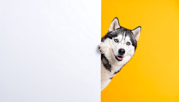 Husky dog peers from behind a white wall against vibrant yellow