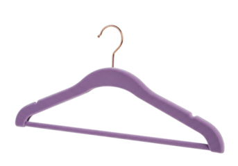 Isolated purple velvet clothes hanger with a rose gold hook for closet organization tool