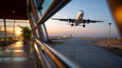 Fototapeta premium Defocused airport terminal foreground framing a clear view of a neutral airplane descending onto a Saudi runway at golden hour, with copy space