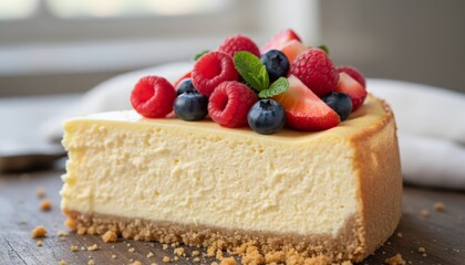 Delicious slice of classic new york style cheesecake with a crumbly base, rich cream cheese filling, and vibrant fresh raspberries, blueberries, strawberries, and mint leaves on top