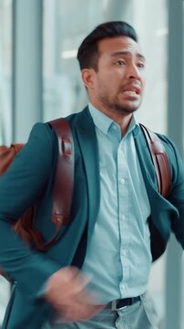 Businessman, watch or rush with delay for flight, boarding termination or late schedule in airport. Man, busy or running with wristwatch, anxiety or stress for travel time, mistake or plane departure