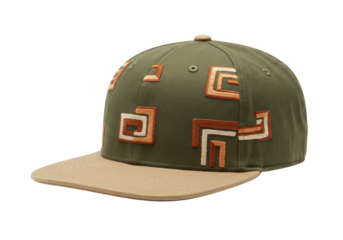 Isolated khaki-colored baseball cap featuring a pattern of geometric shapes embroidery design