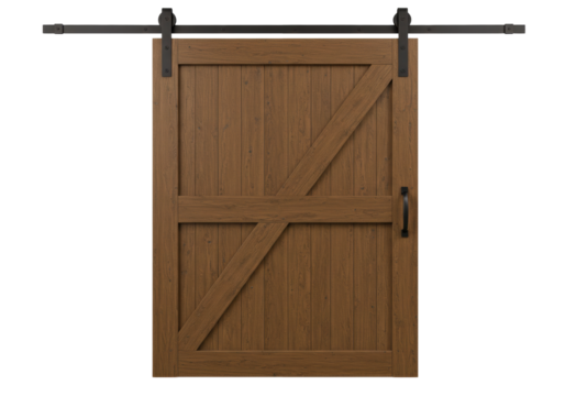 Isolated rustic sliding barn door, country style architecture element, brown wood finish