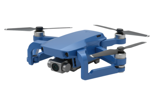 Isolated blue quadcopter drone for aerial photography and videography, compact and lightweight
