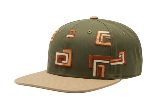 Isolated khaki-colored baseball cap featuring a pattern of geometric shapes embroidery design