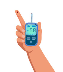 Glucose meter with a test strip in hand with blood drop on forefinger. Healthcare concept