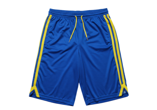Isolated blue mesh athletic basketball shorts with yellow stripes and drawstring waist