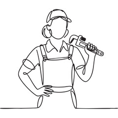 Continuous line drawing of woman plumber holding wrench over shoulder in minimalist style