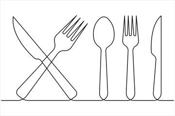 One continuous line art drawing of food tools. fork, spoon and knife for decoration restaurant menu linear design vector illustration