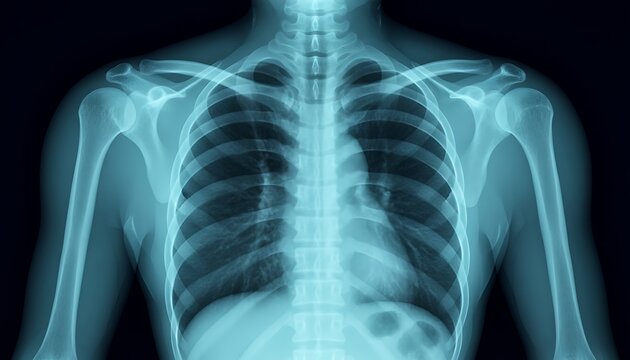 Human chest x ray image showing ribs lungs heart and shoulder bones