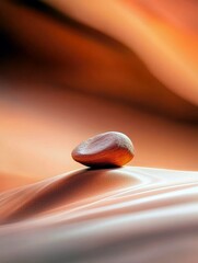 A single, smooth, reddish-brown stone rests atop a gently curved sand dune, with soft, warm light illuminating the scene.