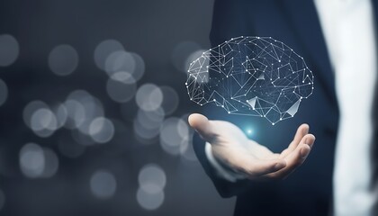 Businessman holding digital brain artificial intelligence technology and innovation concept