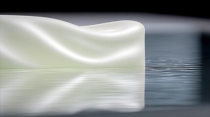 A smooth, white, curved object sits on a surface of dark, rippling water, with its reflection visible below.