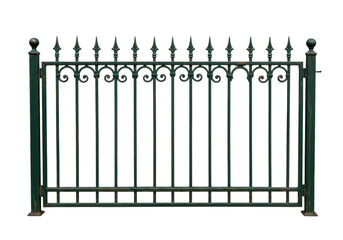 Isolated wrought iron fence section, garden gate, safety barrier, yard fencing, metal element © Federica