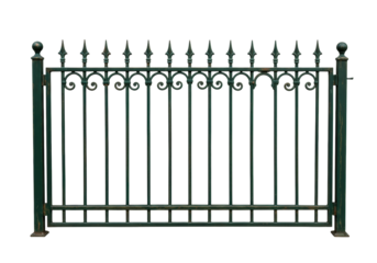 Isolated wrought iron fence section, garden gate, safety barrier, yard fencing, metal element