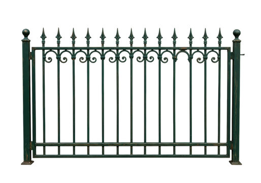Isolated wrought iron fence section, garden gate, safety barrier, yard fencing, metal element
