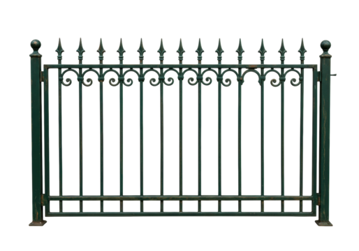 Isolated wrought iron fence section, garden gate, safety barrier, yard fencing, metal element