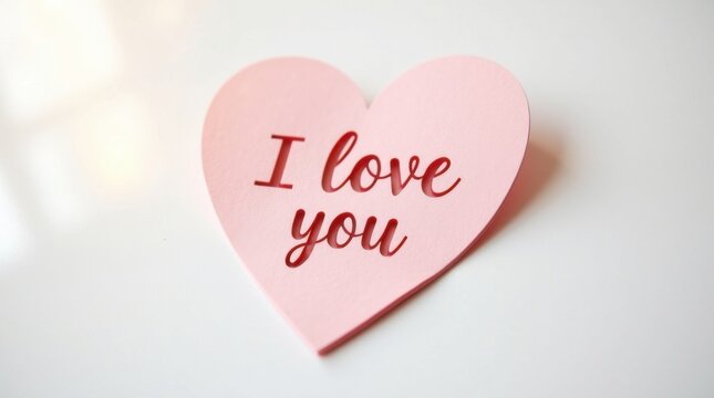 Corazón rosa recortado a mano con bordes delicados y una textura suave que luce la frase “Te amo”