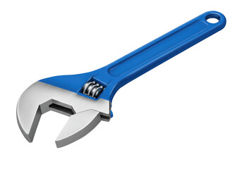 Isolated Bright Blue Adjustable Wrench with Metal Jaws for Construction and Repair Work