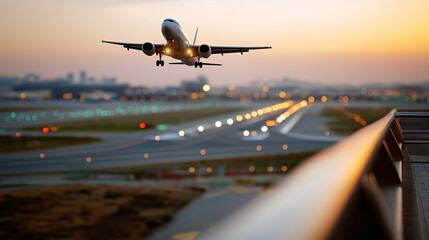 Fototapeta premium Defocused airport terminal foreground framing a clear view of a neutral airplane descending onto a Saudi runway at golden hour, with copy space