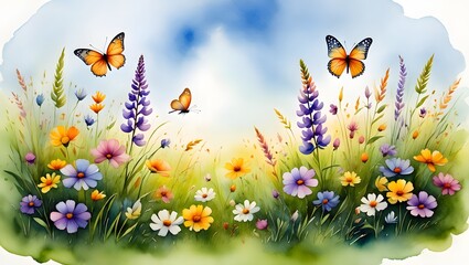 Closeup of a beautiful orange and yellow butterfly on spring meadow flowers in the grass