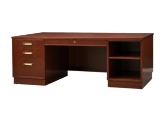 Isolated Wooden Executive Desk, Home Office Furniture with Drawers and Shelves Unit, Workspace