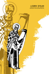 Religious vintage poster template with Holy Gregory of Nazianzus. Christian illustration in Byzantine style