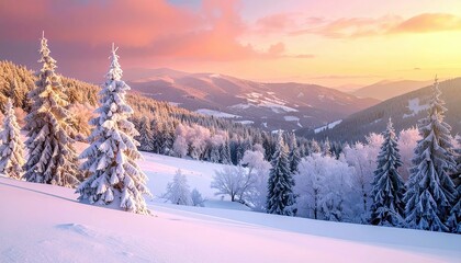 A serene winter landscape featuring snow-laden evergreen trees and rolling mountains bathed in the soft, colorful light of sunrise.