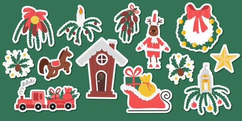 A Christmas sticker set. Christmas wreaths for doors, candles, a deer, and various arrangements with fir branches and pine cones, сhristmas house, a train and a sleigh with gifts
