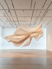 A large, ethereal fabric sculpture in a neutral tone hangs suspended in a bright, minimalist art gallery space.