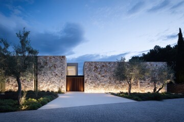 A contemporary stone house glows softly in the twilight, elegantly encircled by lush olive trees, with a serene pathway gently guiding visitors to the inviting entrance