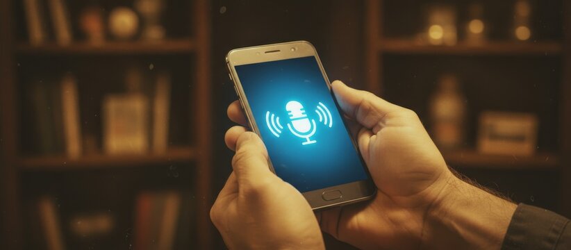 Hands holding a modern smartphone displaying a glowing microphone icon for a voice assistant or sound recording application, set against a blurred background