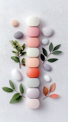A visually appealing arrangement of soft pastel colored oval objects, natural leaves, and smooth pebbles on a textured white surface.