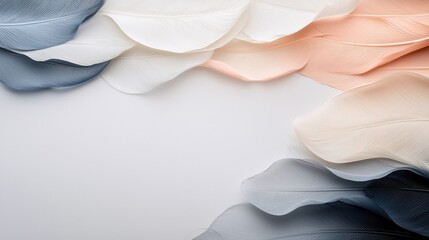 A collection of soft, pastel-colored feathers arranged in a flowing pattern on a clean white background.