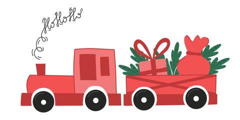 Christmas train with a carriage and gifts