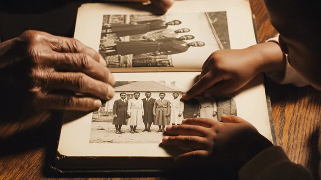 Black History Month Legacy &mdash; Intimate Closeup of Elderly and Young Hands with Vintage Photo Album