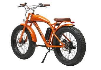 Obraz premium Isolated Orange Electric Cruiser Bike a Stylish and Powerful Transportation Option for Adults