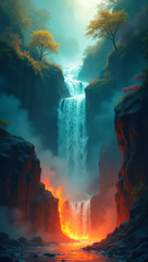 Fototapeta premium Vertical waterfall cascades between rocky cliffs, heavenly river meets fiery canyon with dramatic lighting. Evokes themes of nature's power and contrasting elements,