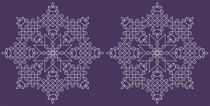 Diwali, onam and karthigai deepam special pulli kolam set. Indian Traditional folk art vector illustration