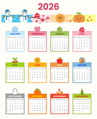 2026 Calendar with Cute Seasonal Kawaii Flat Illustration, Cute Vector Yearly Planner Design