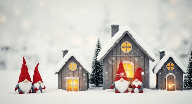 New Year's illustrations with Scandinavian Christmas gnomes in houses - Powered by Adobe