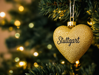 Glitter Heart Ornament with Stuttgart Text on Christmas Tree