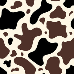 Simple cow abstract seamless pattern. Vector animal skin print, cute black and brown dalmatian spots on beige background. Stylized spotted texture for textile, dairy farm decor, wrapping paper, fabric