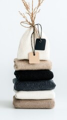A stack of neatly folded sweaters in neutral colors is topped with a cream-colored knitted hat, tied with twine and adorned with two gift tags.