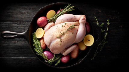 A whole raw free range chicken rests in a rustic skillet, surrounded by colorful potatoes, fresh herbs, and lemon slices, creating a vibrant display of fresh ingredients ready for cooking